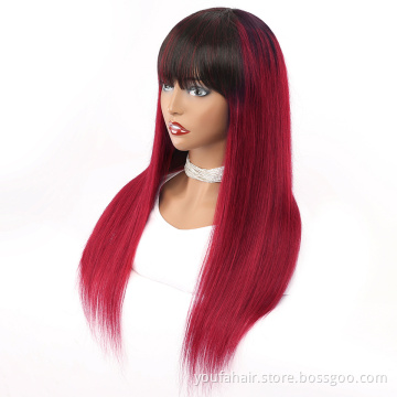 Brazilian 100% Human Hair Straight Full Machine Made Wig Remy Hair for Women Ombre 1b Red 99J Burg Color Non Lace Wig with Bangs